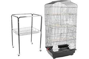 XUANYU Vogelkäfig für Wellensittiche Breite ca. 1 cm, Vogelkäfig mit Mobile Ständer, Voliere für Vogel mit Futternäpfen, Tränke, Holzstäbch, ca. 46 * 35,3 * 150,6 cm, Schwarz