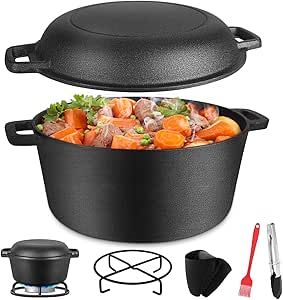 Gifort Dutch Oven, Gusseisen Topf Schmortopf Br&auml;ter mit Deckel f&uuml;r BBQ K&uuml;che Camping Brot Backen, Feuertopf Set mit Rack, Zange, B&uuml;rste und Clips