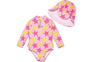 BONVERANO Traje de baño de una Pieza para niña, Mangas largas, protección UV 50+ con Gorra