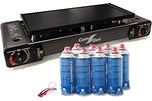 Bricolemar Fornello a gas butano 2 fuochi portatile regolabile con ferro + 8 cartucce CP250 compatibili Campingaz + portachiavi apribottiglie regalo