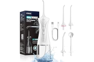 COSLUS Irrigador Dental Irrigador Bucal Portatil：4 Boquillas 4 Modos Recargable Limpiador de Riego para Limpieza Dental, 300ML IPX7 Impermeable Limpieza Dientes Para el Hogar y los Viajes Blanco