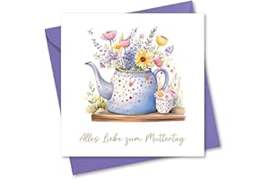 Absolutely Yours Muttertagskarte für Mama, Blume im Teekannen-Design, rosa und blau, mit passendem Umschlag, Größe 150 x 150 mm, wenn gefaltet. Die Karten sind mit goldfoliertem Text verziert.