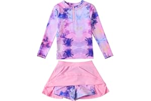 Hovershoes Girls Swimming Costume Kids Two Pieces Swimsuit Toddler UPF50+ Bathing Suit Long Sleeve Rash Guard Swim Set Beach Swimming Skirt with Shorts Summer Swimwear