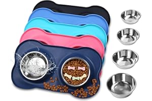VIVAGLORY Hundenapf Fressnapf Lebensmittel Wassernapf Edelstahl Doppel Napf mit Nicht Kleckern Rutschfesten Silikon Tablett Matte, Navy blau, 185ml x 2 für Welpen