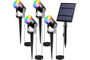 T-SUNUS Spot Solaire Exterieur Couleur, Lampe Solaire Exterieur Couleur Spot Solaire Exterieur RGB Jardin IP65 imperméables Auto On/Off avec 6 Couleurs Pack de 4