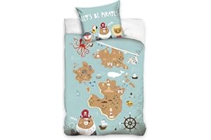 MTOnlinehandel Juego de cama infantil de pirata, funda nórdica de 135 x 200 cm, 80 x 80 cm, 100 % algodón, 2 piezas, color azul