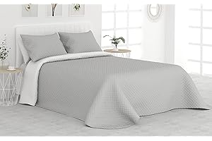 Liniva Home Colcha Bouti Termosellada para Verano y Entretiempo. 100% Microfibra - Modelo Vejer. Colcha Cubre Cama Multiusos. Incluye Dos Fundas de cojín. (Vejer - Gris Claro/Blanco, Cama 135 cm)
