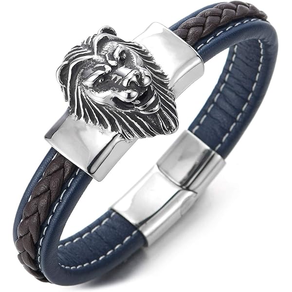 COOLSTEELANDBEYOND Men's Black Braided Leather Bangle Bracelet With Lion Head Magnetic Clasp