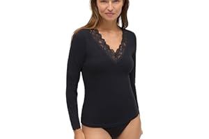 YSABEL MORA Camiseta Manga Larga Algodón con Encaje Floral Escote en V Ajustado Favorece Silueta Cómoda y Femenina Ideal Prenda Interior o Looks Relajados Estilo Suave Transpirable