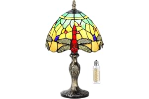 MIAOKE Tiffany lampa stołowa w stylu vintage, ręcznie wykonana, witrażowa, abażur, lampy stołowe, do sypialni, lampki nocnej, gabinetu, biura (zielona libela W)