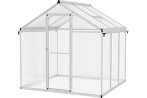Outsunny 6 x 6ft Polycarbonate Greenhouse with Rain Gutters, Large Walk-In Green House with Door and Window, Garden Plants Grow House with Aluminium Frame and Foundation