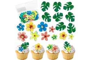 TAIMEIMAO 83 Stück Esspapier Tortendeko,enthält 35 Stück Essbare Blumen und 48 Stück Essbare Blätter als für Cupcake Topper,Tortendeko Essbar,Dschungel Geburtstag Dekoration für Hawaii