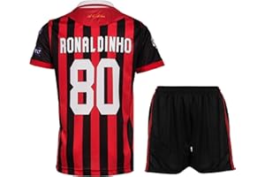 MAILLOT ENFANT Milan #80 Ronaldinho Maillot Extérieur Football pour Enfants Shorts, Chaussettes, Tailles Jeune, Coffret Cadeau
