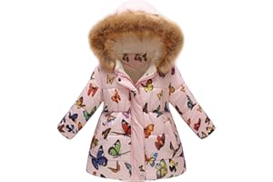 Susenstone Unisexe Manteau A Capuche Col Fourrure Long Coat Mignon Mode A Fleurs Imprimé Hiver Chaud éPais Pour Les Filles Garcons Blouson 3-7 Ans