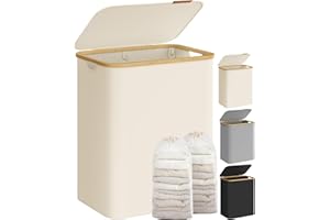 ‎SONGMICS SONGMICS Kosz na pranie 2 przegródki 130 l kosz na pranie z pokrywką Składany wyjmowany worek na pranie Tkanina Oxford Rączki bambusowe Składany 52 x 38,5 x 70,5 cm Kremowobiały LCB513W01