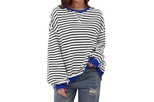 Neufigr Women Thin Striped Jumper,Classic Oversized Crewneck Top,Long Sleeve Sweatshirt,Casual Color Block Pullover (S-XL)