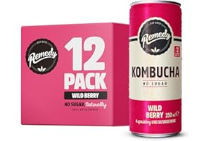 Remedy Kombucha Tea - Wild Berry - Sparkling Live Cultured, Naturally Sugar Free Soft - Probiotic for Gut Health - 12 x 250ml