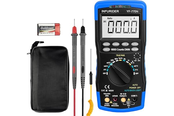 Multimètre Numérique 6000 Comptes INFURIDER YF-770N Testeur de Tension à Plage Automatique AC DC Amp Volt Ohm Mètre pour Capacité, Continuité et Diode, Multi-testeur avec Protection Mécanique