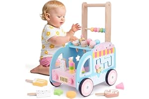 MELOFAVER Wooden Baby Walker with Wheels for Girls, Toddler Play Store Ice Cream Toy, Multifunctional Ice Cream Cart with Baby Activity Center, Push Walking Toys Gift for 1 2 3 Years Old Kids Learning to Walk