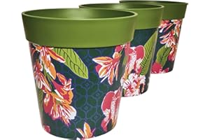 Hum Flowerpots,22cm Set of 3, Various Patterns Colours and Sizes, Indoor/Outdoor Plastic Plant Pots, Tropical Flowers