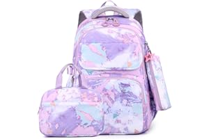 Amythe Zaino Scuola Elementare e Media per Ragazze 8 10-14 anni, 3 Pezzi con Borsa per il Pranzo e Astuccio Portapenne, Resistente all'acqua, 32 litri, Zainetto Bambina per la Scuola e per i Viaggi