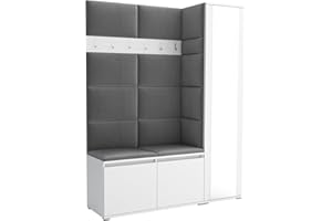 Brent - Garderobenschrank Flur Weiß mit sitzbank 145 cm Breit Luton 7 - Multifunktionale Flurgarderobe Set mit Stauraum und Wandpaneel, Garderobe mit Sitzfläche und Kleiderhaken