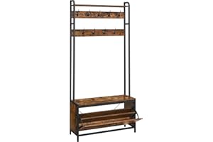 VASAGLE Meuble d’Entrée avec Banc, 9 Crochets et Étagère, Porte-Manteaux, Vestiaire, pour Couloir, Chambre, Style Industriel, Marron Rustique et Noir HSR405B01