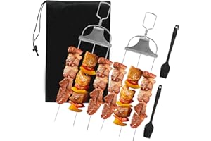 SHTALHST 2pcs 3-Prong Barbecue skewers, Kebab skewers, Chicken skewers with 2 Brushes and Storage Bag, 3 Way skewers for Grilling, Easy-to-use Push Rod Slider, Made of Stainless Steel
