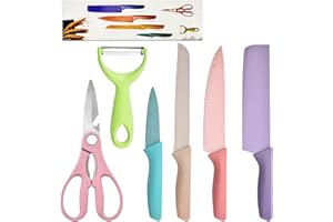 HUTVD Juego de 6 Cuchillos de Cocina Profesional, Cuchillos de Cocina Multicolores de Acero Inoxidable, Utilizados para Pan, Frutas y Verduras, Afilados y Livianos, Aptos para Lavavajillas