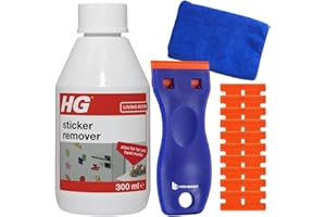 HIGHBEST Sticker Remover, Glue & Adhesive Cleaner, Tar & Oil Stain Remover 300ml with HB Plastic Scraper Tool & 10x Plastic Blades | Sticky Label, Adhesive Remover & Car Sticker Remover | HG Sticker Remover