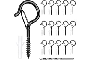 Svalor Screw Hooks, 16 pcs Black Cup Hooks with Safe Buckle, Hooks for Outdoor Lights with Drill Bit, Screw in Hooks for Wood, Ceiling Hooks for Plants Bird Feeder Wind Chime and Decor Hanging