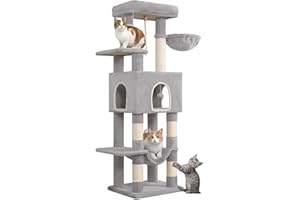 Hzuaneri 149 cm Drzewko dla kota, drapak dla kota z dużymi platformami z dużą jaskinią do ukrycia, wielopoziomowe centrum aktywności kotów, drapak, pompony, jasnoszary MS14918LG