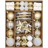 SVNVIOZ Set of 58 Christmas Baubles Gold White Christmas Tree Baubles Plastic Decoration Christmas Tree Decoration with Hanger Christmas Tree Baubles for Christmas Decoration Indoor Outdoor Use