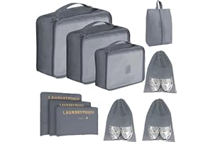 UERVOTON Cubi di imballaggio per Valigia - 10 PCS Cubi di Imballaggio da Viaggio Set di Borse Organizer per Valigie Leggere Organizzatori di Bagagli per Accessori da Viaggio con Borse per Scarpe - Grigio