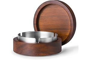 Hcssade Wooden Ashtray with Lid for Smokers Stainless Steel Liner Ash Tray Windproof Durable Easy to Clean Cool Ashtrays for Indoor or Outdoor Use, Patio, Office & Home