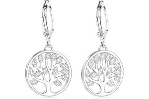 CASSIECA Boucles d'oreilles Creoles en Argent Sterling 925 pour Femmes Filles Boucles d'Oreilles Arbre de Vie Pendantes Anneau Boucles d'oreilles Zircone Cubique Bijoux Cadeaux Boîte de Emballage