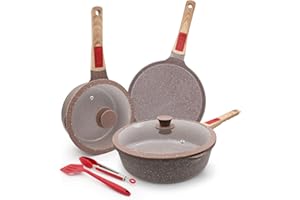 AIKENBBKK Set di Pentole e Padelle da in Ceramica 7 Pezzi, Padella 28 cm con Coperchio, Casseruola 20 cm, Padella per Crepes 26 cm, con Rivestimento in Ceramica Antiaderente e Manico Rimovibile