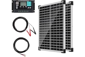DERUXI Panel Solar de 50W Kit de 12V: Panel Solar Fotovoltaico Monocristalino de 2x25 W con Controlador de Carga de 10A, 2 Unidades de Cable de Extensión y 2 Pinzas de cocodrilo para Camping