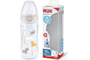 NUK First Choice+ biberon | 6-18 mesi | Controllo temperatura | Flow Control | Sfiato Anti-Colica | Senza BPA | 300 ml | Tettarella in silicone | Safari (neutro)
