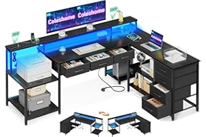 Coleshome Tavolo da Gaming con Luci LED RGB, Scrivania Angolare con 7 Cassetti e Ampio Spazio di Archiviazione, Scrivania a Forma di L Reversibile con 2 Prese, Nero, 179.5×135.5cm