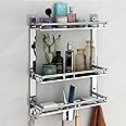 Pivalo 6 in 1 Stainless Steel Bathroom Shelf Multipurpose Home Accessories Organizer Set Corner Wall Mount 3 Layer Rack with Mirror Finish Holder for Towel Soap & Toothbrush (1 Pc)