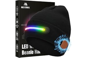 MISERWE Music Dance Light Bonnet unisexe rechargeable avec lampe frontale 20 lumières LED et micro amovible, bonnet musical sans fil pour homme et femme, noir