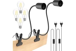 BILIPLE E27 Lampenfassung mit Clip, 2 Stück E27 Klemmleuchte + 4 Stück A60 4W LED Birne Warmweiß 2700K, Klemmlampe mit Schalter und Stecker, 360° Verstellbarer Schwanenhals für Bettlampe, Leselampe