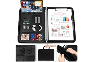 FoiiLiio Schreibmappe A4, mit Reißverschluss, Multifunktions Konferenzmappe Leder, 2 Große Fächern, 6 Kartenfächer, Faltbaren Magnetgriffen, Handy und Tablethalterung, Portfolio-Reisetasche, Schwarz