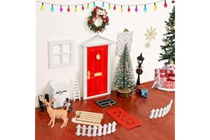 WILDPARTY 21PCS Wichteltür Zubehör Rot Weihnachten, Wichtel Tür Rot, Elch, Schlitten, Weihnachtsbaum, Fenster, Mini Strassenlicht, Zaun, Stiefel, Teppich, Öllampe, Kranz, Miniatur Feentür Rot Set Wichtelhaus