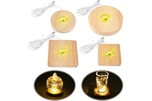 Aubess Cokół LED, 4 sztuki, drewniana podstawa świetlna LED, kwadratowa/okrągła podstawa LED do szkła akrylowego, cokół świetlny z kablem USB do kryształowej kuli, szkła, akrylu (ciepłe światło)