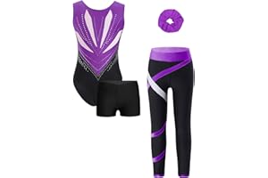 Oyolan 4 Pièces Ensemble de Gymnastique pour Fille Enfant Justaucorps et Legging Short Chouchou Tenue Danse Gym Patinage Sport Fitness