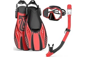 OTOWAVING Snorkel Set Adults with Flippers,Snorkel Mask with Adjustable Swim Fins,Dry Snorkel,Panoramic View Swimming Goggles Snorkelling Packages,Snorkeling Gear for Snorkeling Scuba Diving Swimming Travel