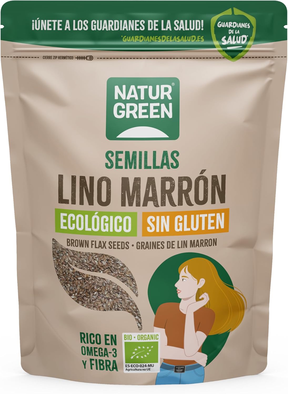 NaturGreen - Semillas de Lino, Lino Marrón Ecológico, Semilla Natural, Omega 3 y Estrógenos débiles, Fuente de Fibra, Apto para Veganos - 500g