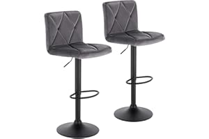 Lestarain Set of 2 Bar Stools Breakfast Dining Stools with Chrome Footrest and Base Swivel Gas Lift Elegant Flannel + Black Matte Simple Bar Stool,Dark Grey